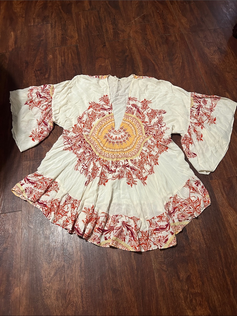 Free People Ivory Tunic with Red Floral & Yellow Medallion